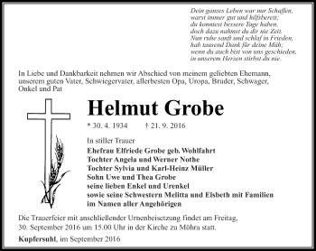 Traueranzeige von Helmut Grobe von Thüringer Allgemeine, Thüringische Landeszeitung