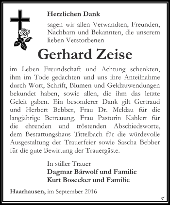 Traueranzeige von Gerhard Zeise von Thüringer Allgemeine