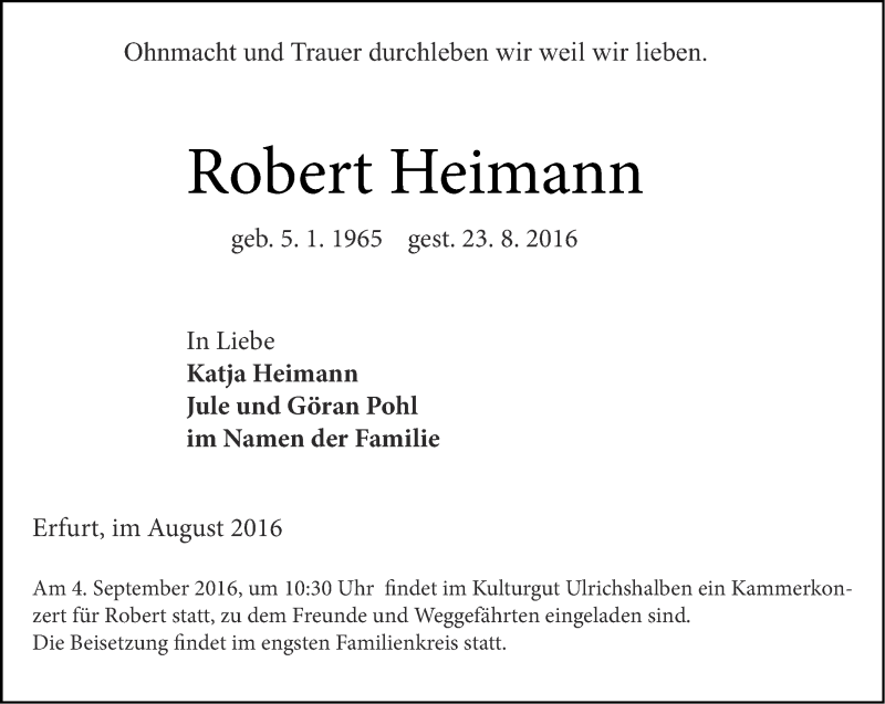  Traueranzeige für Robert Heimann vom 01.09.2016 aus Thüringer Allgemeine, Thüringische Landeszeitung