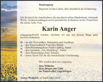 Traueranzeige von Karin Anger von Ostthüringer Zeitung