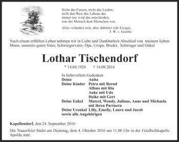 Traueranzeige von Lothar Tischendorf von Thüringer Allgemeine, Thüringische Landeszeitung