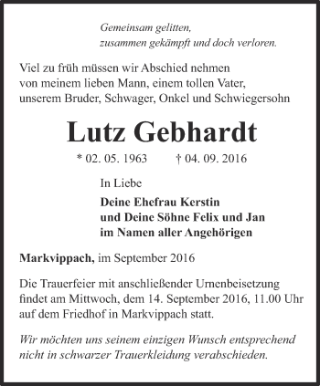 Traueranzeige von Lutz Gebhardt von Thüringer Allgemeine, Thüringische Landeszeitung