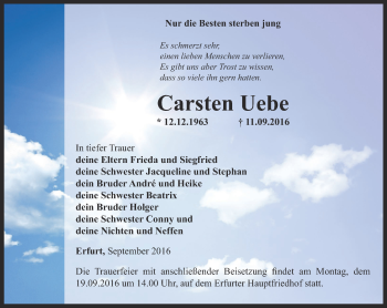 Traueranzeige von Carsten Uebe von Thüringer Allgemeine, Thüringische Landeszeitung