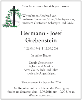 Traueranzeige von Hermann-Josef Grebenstein von Thüringer Allgemeine, Thüringische Landeszeitung