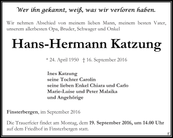 Traueranzeige von Hans-Hermann Katzung von Ostthüringer Zeitung, Thüringische Landeszeitung