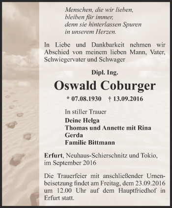 Traueranzeige von Oswald Coburger von Thüringer Allgemeine, Thüringische Landeszeitung