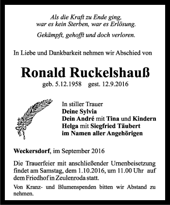 Traueranzeige von Ronald Ruckelshauß von Ostthüringer Zeitung