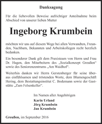 Traueranzeige von Ingeborg Krumbein von Thüringer Allgemeine
