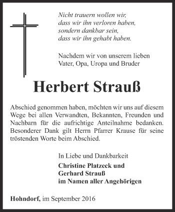 Traueranzeige von Herbert Strauß von Ostthüringer Zeitung