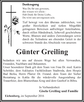 Traueranzeige von Günter Greiling von Ostthüringer Zeitung, Thüringische Landeszeitung