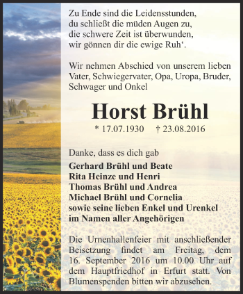 Traueranzeige von Horst Brühl von Thüringer Allgemeine, Thüringische Landeszeitung