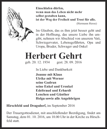 Traueranzeige von Herbert Gehrt von Ostthüringer Zeitung