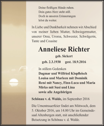 Traueranzeige von Anneliese Richter von Ostthüringer Zeitung, Thüringische Landeszeitung