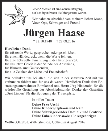 Traueranzeige von Jürgen Haase von Ostthüringer Zeitung, Thüringische Landeszeitung