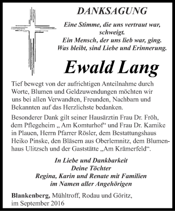 Traueranzeige von Ewald Lang von Ostthüringer Zeitung