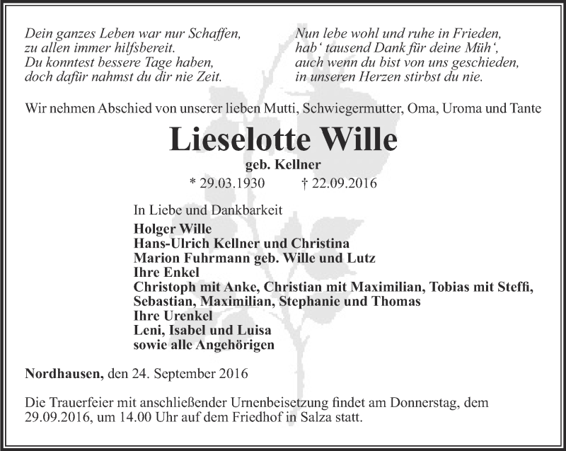  Traueranzeige für Lieselotte Wille vom 24.09.2016 aus Thüringer Allgemeine