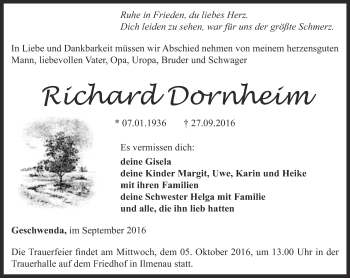 Traueranzeige von Richard Dornheim von Thüringer Allgemeine