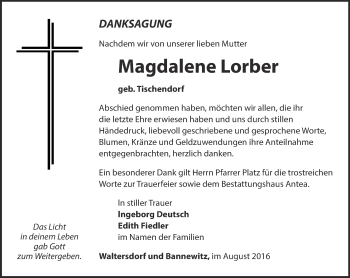 Traueranzeige von Magdalene Lorber von Ostthüringer Zeitung