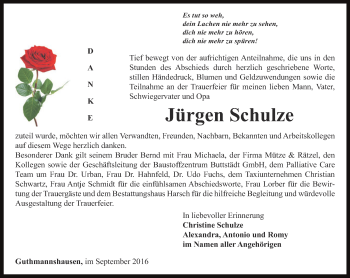 Traueranzeige von Jürgen Schulze von Thüringer Allgemeine