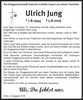 Traueranzeige von Ulrich Jung von Ostthüringer Zeitung