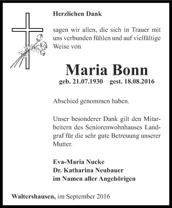 Traueranzeige von Maria Bonn von Ostthüringer Zeitung, Thüringische Landeszeitung