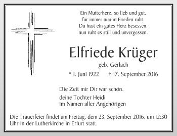 Traueranzeige von Elfriede Krüger von Thüringer Allgemeine, Thüringische Landeszeitung