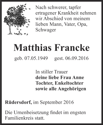 Traueranzeige von Matthias Francke von Ostthüringer Zeitung