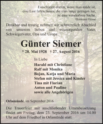 Traueranzeige von Günter Siemer von Ostthüringer Zeitung, Thüringische Landeszeitung
