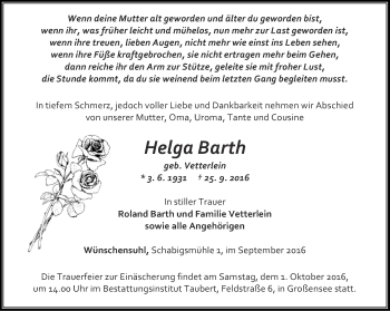 Traueranzeige von Helga Barth von Thüringer Allgemeine, Thüringische Landeszeitung