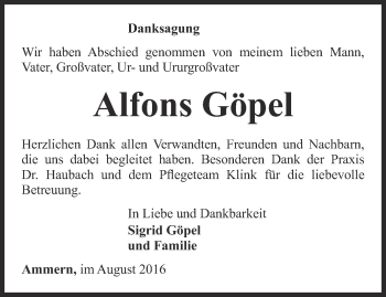 Traueranzeige von Alfons Göpel von Thüringer Allgemeine, Thüringische Landeszeitung