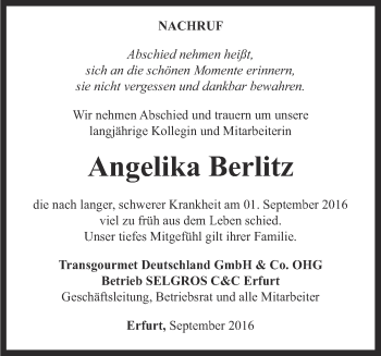 Traueranzeige von Angelika Berlitz von Thüringer Allgemeine, Thüringische Landeszeitung