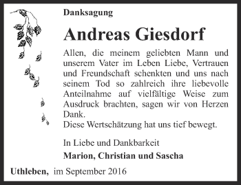 Traueranzeige von Andreas Giesdorf von Thüringer Allgemeine