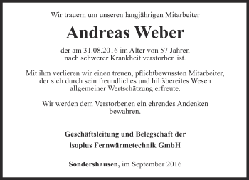 Traueranzeige von Andreas Weber von Thüringer Allgemeine