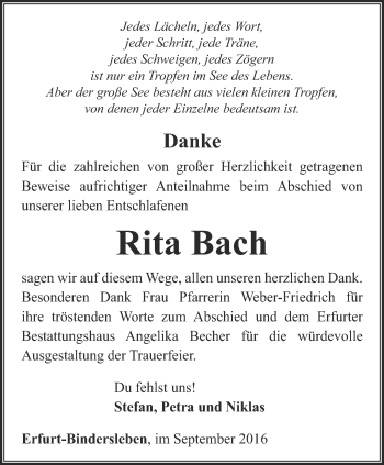 Traueranzeige von Rita Bach von Thüringer Allgemeine, Thüringische Landeszeitung