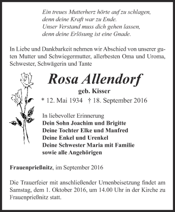 Traueranzeige von Rosa Allendorf von Ostthüringer Zeitung, Thüringische Landeszeitung