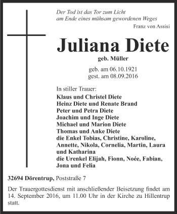 Traueranzeige von Juliana Diete von Thüringer Allgemeine, Thüringische Landeszeitung