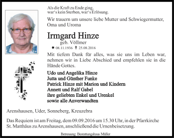 Traueranzeige von Irmgard Hinze von Thüringer Allgemeine