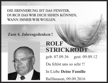 Traueranzeige von Rolf Strickrodt von Thüringer Allgemeine, Thüringische Landeszeitung