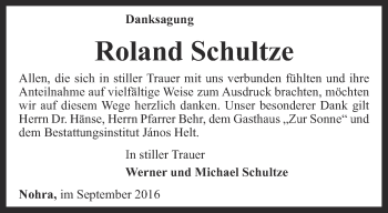 Traueranzeige von Roland Schultze von Thüringer Allgemeine, Thüringische Landeszeitung