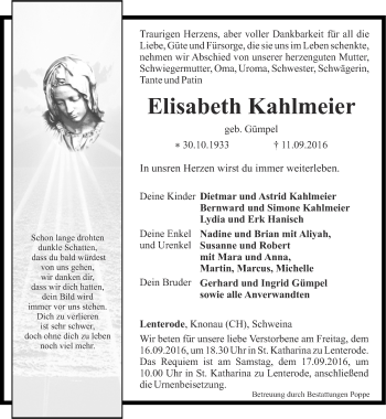 Traueranzeige von Elisabeth Kahlmeier von Thüringer Allgemeine