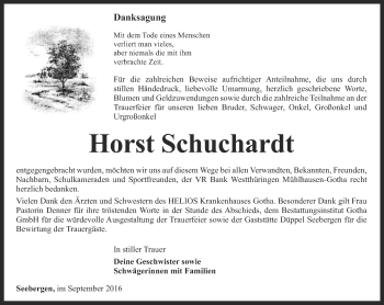 Traueranzeige von Horst Schuchardt von Ostthüringer Zeitung, Thüringische Landeszeitung