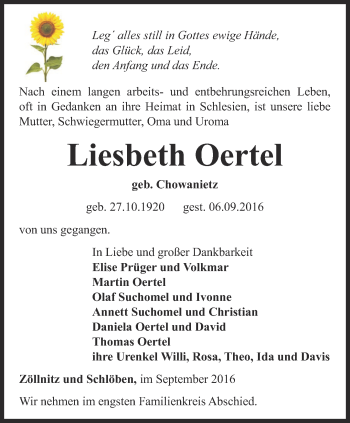 Traueranzeige von Liesbeth Oertel von Ostthüringer Zeitung, Thüringische Landeszeitung