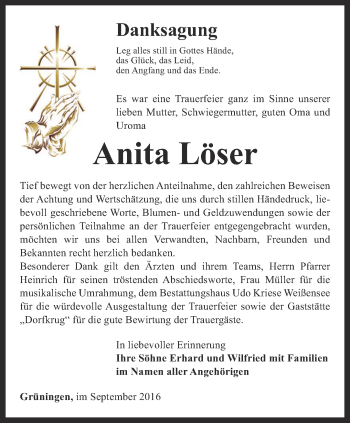 Traueranzeige von Anita Löser von Thüringer Allgemeine