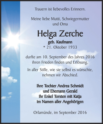 Traueranzeige von Helga Zerche von Ostthüringer Zeitung, Thüringische Landeszeitung
