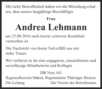 Traueranzeige von Andrea Lehmann von Thüringer Allgemeine