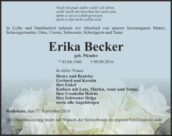 Traueranzeige von Erika Becker von Thüringer Allgemeine