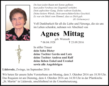 Traueranzeige von Agnes Mittag von Thüringer Allgemeine