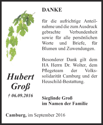 Traueranzeige von Hubert Groß von Ostthüringer Zeitung, Thüringische Landeszeitung