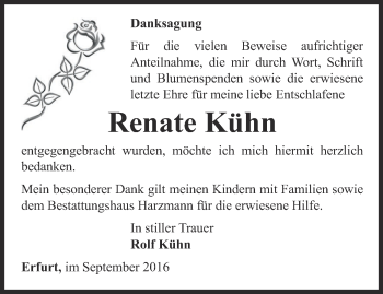 Traueranzeige von Renate Kühn von Thüringer Allgemeine, Thüringische Landeszeitung