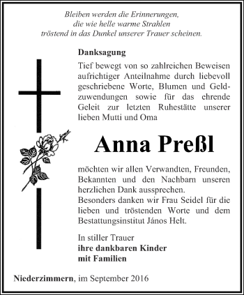 Traueranzeige von Anna Preßl von Thüringer Allgemeine, Thüringische Landeszeitung